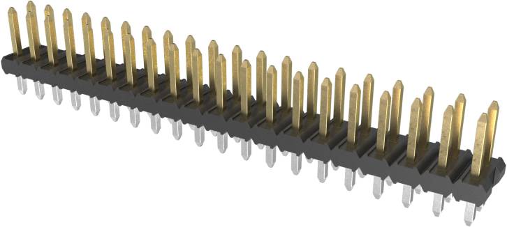 Eine Reihe von vertikalen Goldstiften auf einer schwarzen Basis, die einem Stecker oder Stiftleisten ähneln, wie sie typischerweise in der Elektronik verwendet werden.