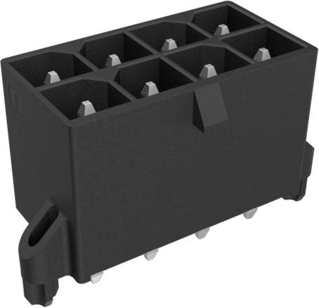 Ein schwarzer rechteckiger Elektrostecker mit acht Stiften, die in zwei Reihen angeordnet sind, wird gezeigt. Er ist zur Verwendung in elektronischen Geräten konzipiert.