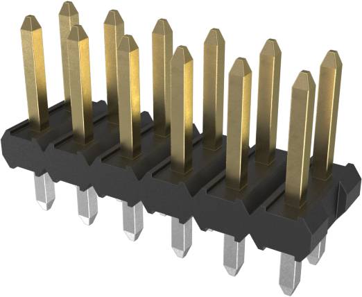 Ein 10-Pin-Steckerleiste mit zwei Reihen und vergoldeten Kontakten, die häufig für elektrische Verbindungen in elektronischen Schaltkreisen verwendet wird.