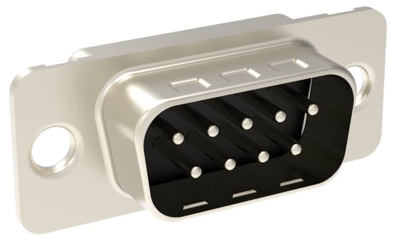 Ein Metall-D-Sub-Stecker mit neun Pins, der für serielle Kommunikation in Computern und elektronischen Geräten verwendet wird, dargestellt mit Befestigungslöchern.