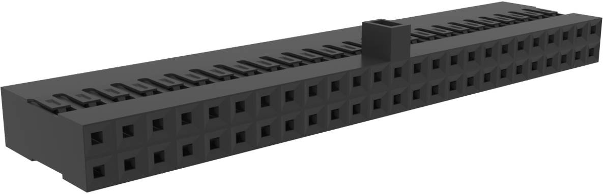 Ein 3D-Modell eines langen, rechteckigen Gebäudes mit mehreren Fenstern und einem zentralen, erhöhten Bereich, das einer minimalistischen Architekturstruktur ähnelt.
