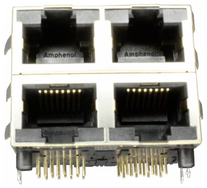 Vier-Port-Ethernet-Buchsenstecker mit vergoldeten Kontakten, gekennzeichnet mit Amphenol, für Netzwerkverbindungen in elektronischen Geräten.