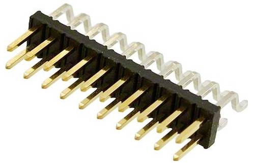 Eine Nahaufnahme eines 16-poligen elektronischen Steckers mit vergoldeten Kontakten und schwarzem Kunststoffsockel, der für Leiterplattenverschraubungen verwendet wird.