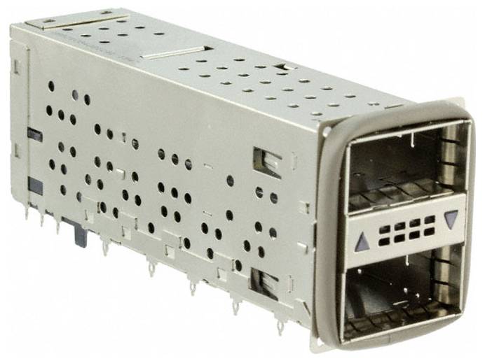 Eine silberfarbene Metallkomponente mit mehreren kleinen Löchern, die an einem Ende einen rechteckigen Stecker und Stifte an den Seiten aufweist.