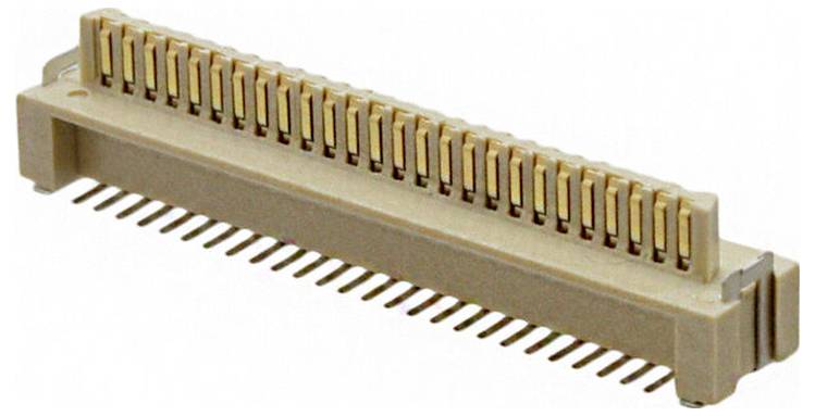 Ein rechteckiger elektronischer Stecker mit mehreren vergoldeten Kontakten, der zum Verbinden von Leiterplatten oder elektronischen Komponenten verwendet wird.