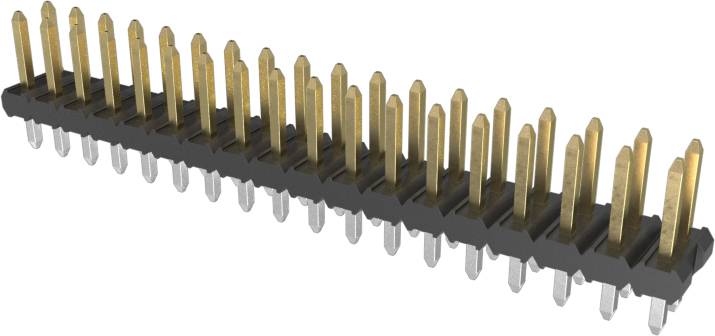 Ein 40-poliger Stiftleisten-Stecker mit schwarzem Gehäuse und vergoldeten Kontakten, häufig verwendet für elektronische Leiterplatten und zum Prototyping.