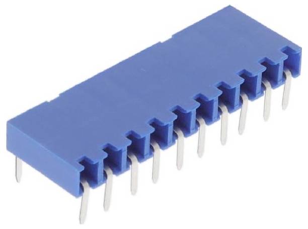 Ein blauer 10-poliger DIP-Schalter mit silberfarbenen Metallkontakten, der zur Konfiguration von Einstellungen auf elektronischen Geräten verwendet wird.