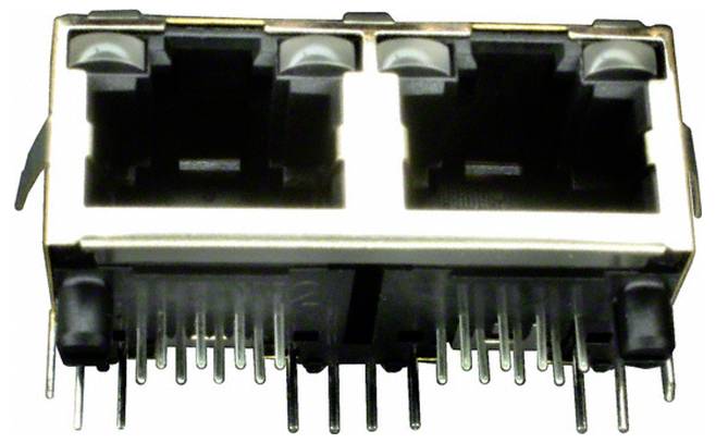 Ein Dual-Port-Ethernet-Anschluss mit mehreren Metallstiften zum Anschließen von Netzwerkkabeln, üblicherweise in Netzwerkhardware verwendet.