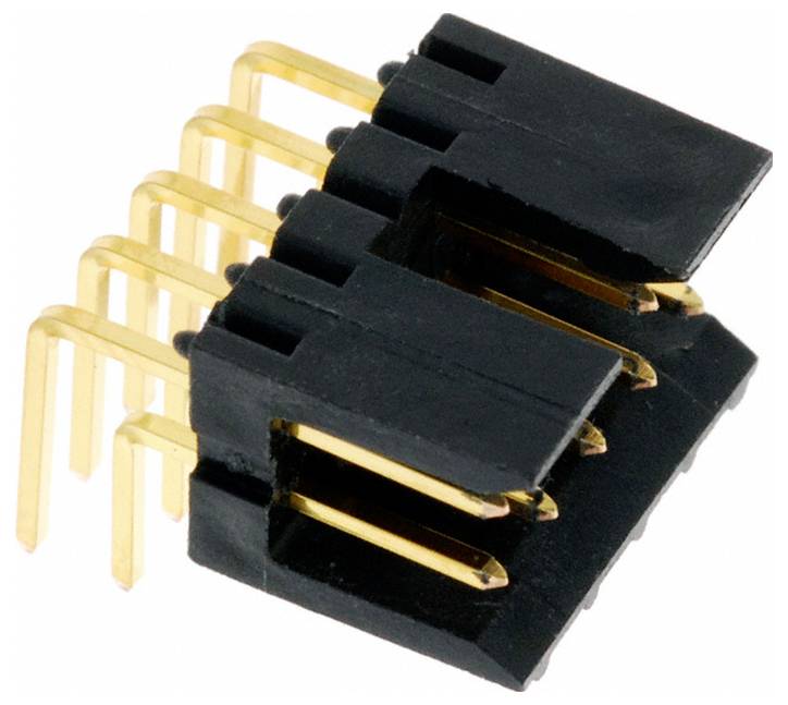 Ein schwarzer rechteckiger Stiftleisten-Stecker mit fünf vergoldeten Stiften im 90-Grad-Winkel, entwickelt für elektronische Leiterplattenverbindungen.