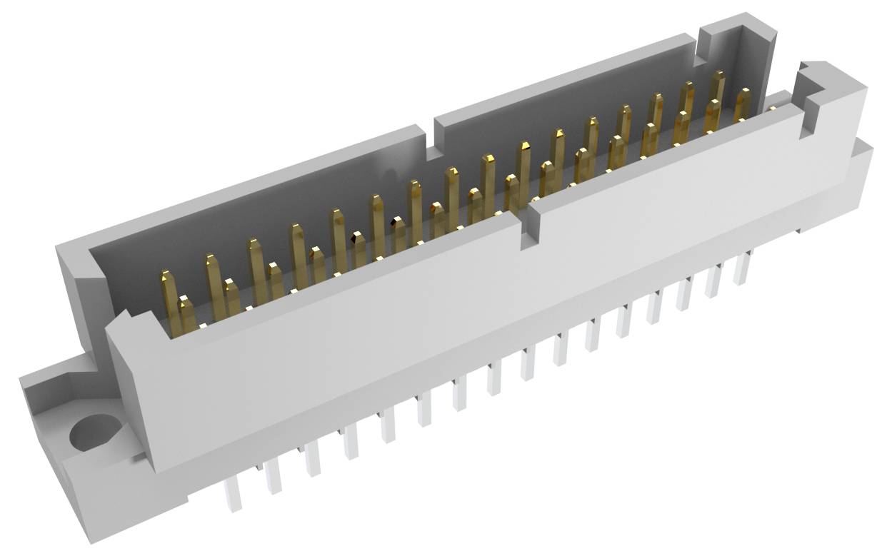 Ein 50-poliger, doppelreihiger Stecker für Leiterplatten mit vergoldeten Kontakten, verwendet für sichere elektrische Verbindungen auf Schaltungen.