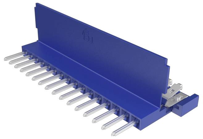 Ein blauer Kunststoff-Kamm-ähnlicher Gegenstand mit metallischen Verbindern, möglicherweise für elektrische Zwecke verwendet, mit mehreren Stiften in einer Reihe.