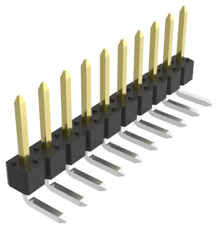 Rechtwinkliger Steckerleisten-Stecker mit zehn vergoldeten Pins auf schwarzer Kunststoffbasis, verwendet für elektronische Schaltungsverbindungen.