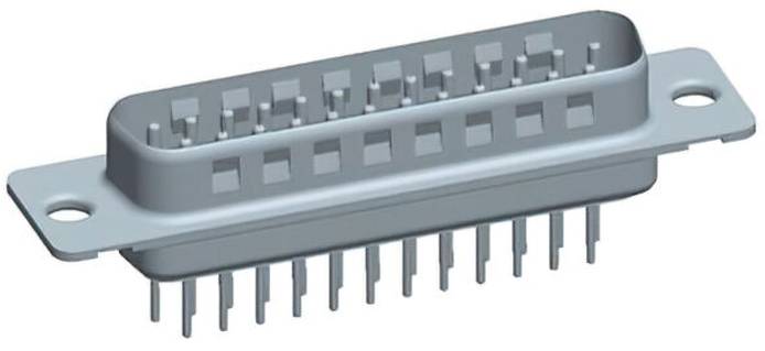 Ein grauer rechteckiger elektronischer Stecker mit mehreren Reihen von Metallstiften, konzipiert zur Montage auf einer Leiterplatte.