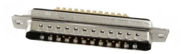 Ein DB25-Stecker wird gezeigt, der häufig für parallele, serielle oder Netzwerkverbindungen in Computern und anderen elektronischen Geräten verwendet wird.