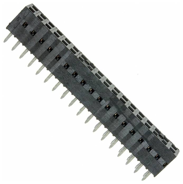 Ein schwarzer und silberner elektronischer Steckerleisten mit mehreren Pins, der zum Verbinden von Schaltkreisen auf einem Motherboard oder elektronischen Gerät verwendet wird.
