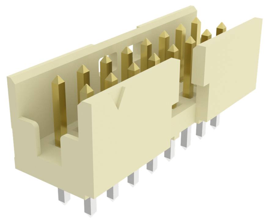 Ein beigefarbener elektronischer Stecker mit neunzehn Goldkontakten und silbernen Anschlüssen, der zur Verbindung mit Leiterplatten verwendet wird.