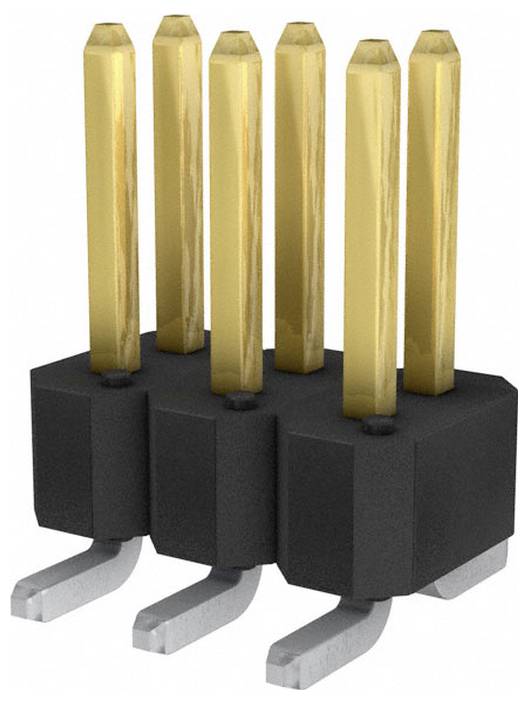 Ein 3D-gerendert Bild einer 5-poligen vergoldeten Kopfleiste mit schwarzer Kunststoffbasis und gebogenen Metallstiften, verwendet für elektronische Schaltungsverbindungen.