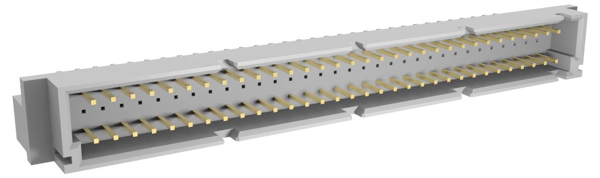 Abbildung eines 90-Pin-Steckverbinders mit 0,8 mm Rastermaß und vertikaler Ausführung mit Erdungsabschirmung. Geeignet für Hochgeschwindigkeitssignalanwendungen in der Elektronik.