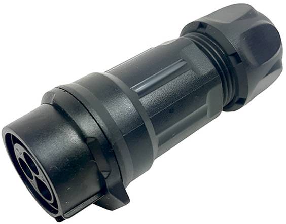 Ein schwarzer, zylindrischer Elektrostecker mit verschraubbarer Kappe und drei Buchsen, entwickelt für sichere und langlebige Verbindungen.