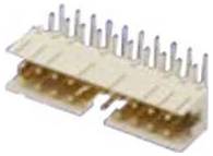 Eine Nahaufnahme eines Dual-Inline-Steckers mit mehreren Metallstiften, die sich aus einem beigefarbenen Kunststoffgehäuse erstrecken, wird für elektronische Verbindungen verwendet.