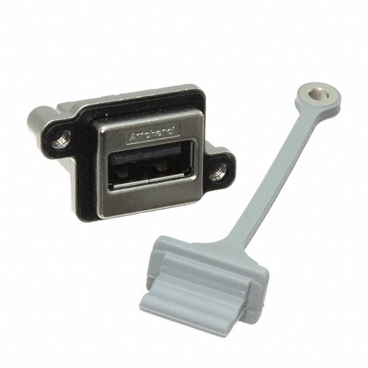 Rechtwinkliger USB-Typ-A-Stecker neben einer grauen Kunststoffabdeckung, die zum Schutz von Anschlüssen in elektronischen Geräten verwendet wird.