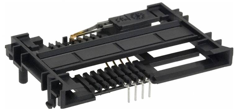 Ein schwarzer Kunststoff-SIM-Kartensteckplatz mit Metallkontakten, entwickelt für die Befestigung an einer Leiterplatte in elektronischen Geräten.
