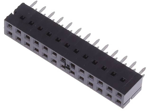 Ein schwarzer rechteckiger weiblicher Stiftleisten-Stecker mit drei Reihen von Stiften, der zum Verbinden von Leiterplatten und elektronischen Komponenten verwendet wird.