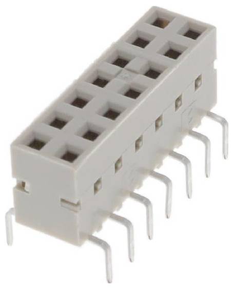 Eine Nahaufnahme eines grauen rechteckigen elektronischen Steckverbinders mit acht Stiftbuchsen und Metallfüßen, wahrscheinlich zur Integration in eine Leiterplatte.