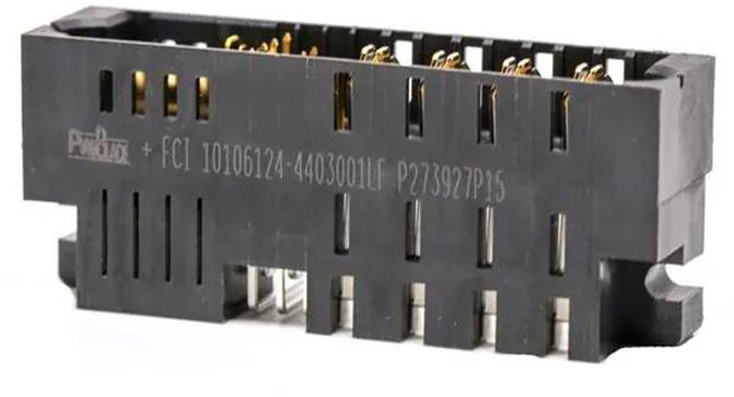 Ein 16-poliger schwarzer rechteckiger elektronischer Stecker mit Metallkontakten, gekennzeichnet mit 'FCI 10106124 44030011F P273927P1S'.