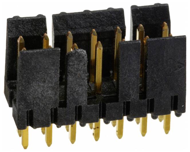 Ein zweireihiger gerader Stiftleisten-Verbinder mit schwarzem Kunststoffgehäuse und vergoldeten Kontakten, verwendet zum Verbinden elektronischer Komponenten auf Leiterplatten.