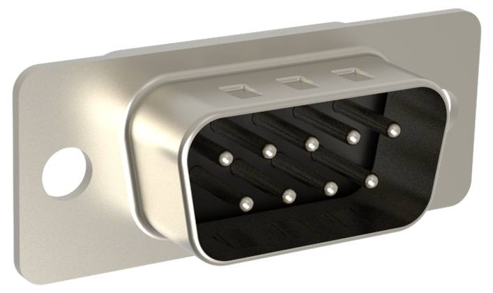 Ein Metall-D-Sub-Stecker mit neun Pins in zwei Reihen angeordnet, verwendet für serielle Kommunikation.