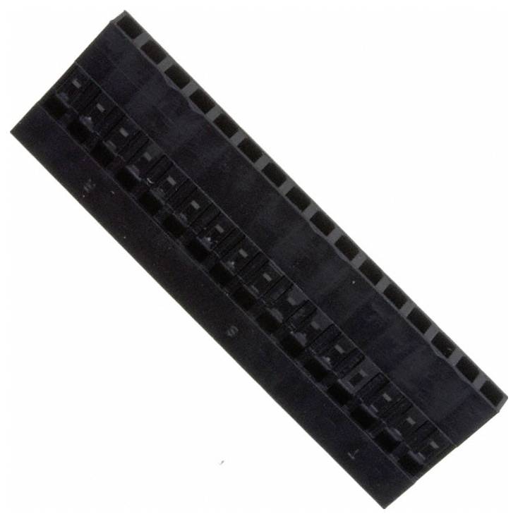 Ein 20-poliger schwarzer weiblicher Stecker für Flachbandkabel, mit zwei Reihen zu je 10 Steckplätzen, aus einer schrägen Draufsicht dargestellt.