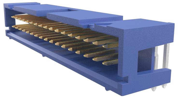 Blauer Rückwandverbinder mit mehreren vergoldeten Stiften. Entwickelt zum Verbinden elektronischer Komponenten und gewährleistet eine effiziente Signalübertragung.