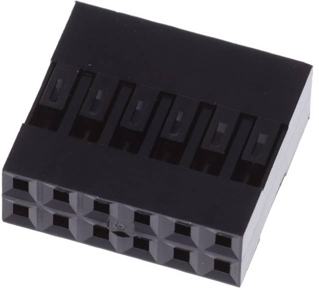 Ein sechspoliger schwarzer weiblicher Steckerverbinder mit gleichmäßig verteilten Schlitzen, entwickelt für Anwendungen in elektronischen Schaltkreisen.