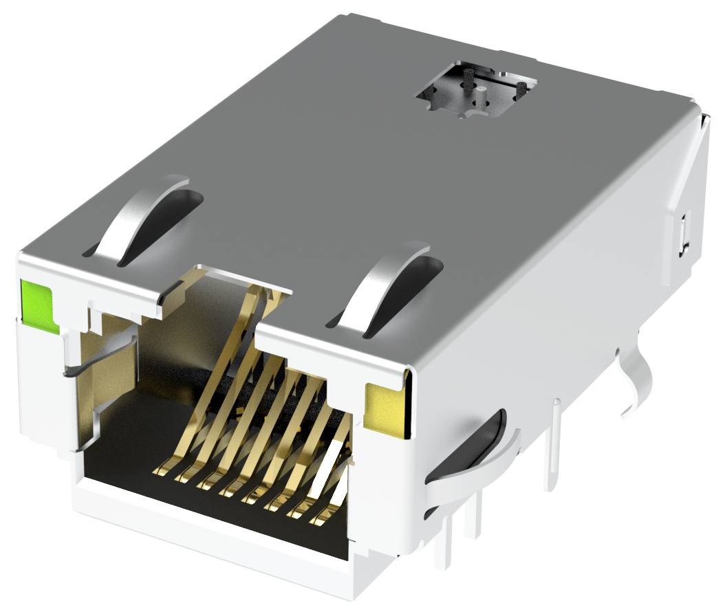 Eine Nahaufnahme eines metallischen RJ45-Ethernet-Steckers mit sichtbaren Kontaktstiften im Inneren. Der Stecker ist teilweise von einer Metallhülle umgeben.