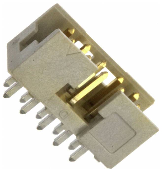 Nahaufnahme eines männlichen Stiftleisten-Steckers mit rechteckigem Gehäuse und mehreren vergoldeten Stiften, die zur elektrischen Verbindung herausgezogen sind.