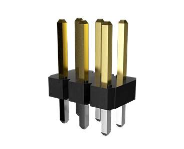 Stiftleiste mit vier vergoldeten und vier silbernen, langen Pins. Verwendet in elektronischen Schaltungen zur sicheren Verbindung.