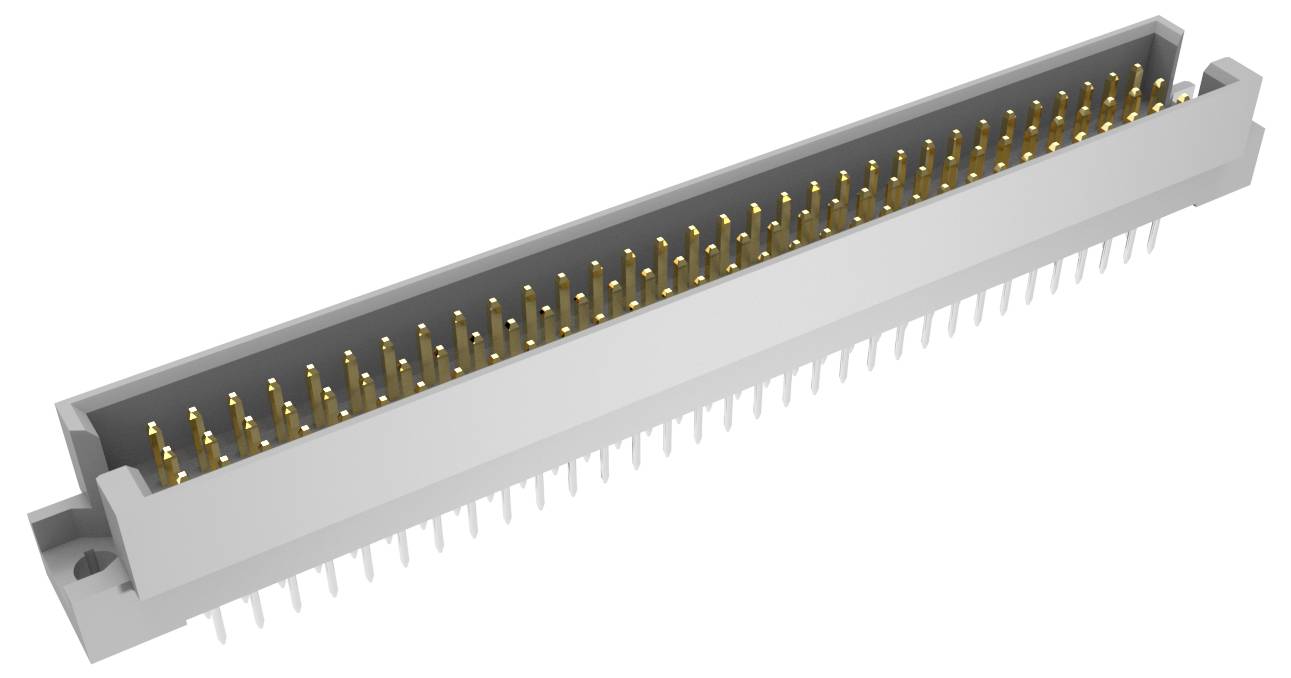 Ein grauer und goldener elektronischer Stecker mit mehreren Kontakten, konzipiert für die Integration in Leiterplatten, in einer Schrägansicht gezeigt.