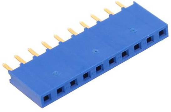 Ein blauer rechteckiger Pin-Header-Stecker mit neun vergoldeten Stiften, die in einer Reihe angeordnet sind.