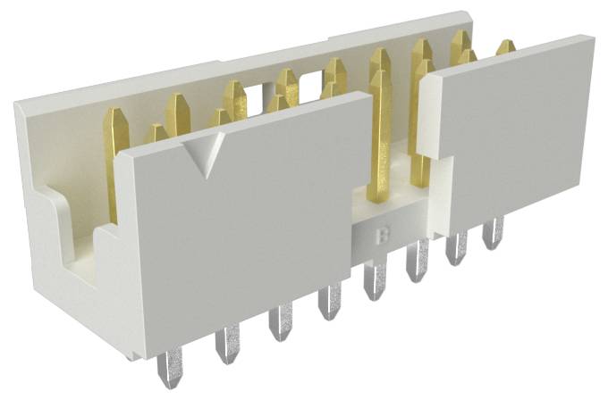 Ein weißer elektrischer Stecker mit mehreren vergoldeten Stiften, der zur Montage auf einer Leiterplatte ausgelegt ist.