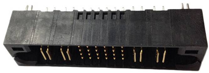 Ein Nahaufnahmebild eines Metall-D-Sub-Steckers, Typ DA-15S, mit 15 Pins und beschriftet mit „DA 15S 365 T LF FCI 22-50