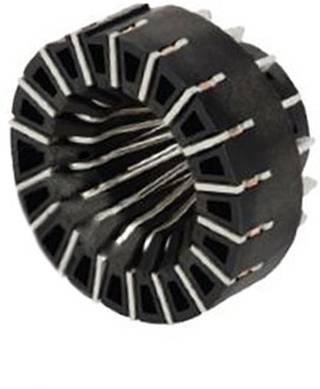 Ein Nahaufnahmebild einer schwarzen mechanischen Komponente mit abwechselnden Schlitzöffnungen, die eine kreisförmige Form bilden und dem Stator eines Elektromotors ähneln.