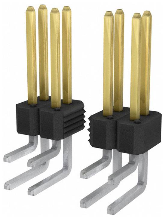 Zwei doppelreihige vergoldete Stiftheader mit schwarzen Kunststoffbasen und silbernen L-förmigen Beinen.