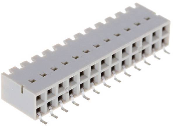 Ein grauer, rechteckiger elektronischer Stecker mit mehreren Stiften für Leiterplattenverzindungen, mit einem Muster von quadratischen Öffnungen.