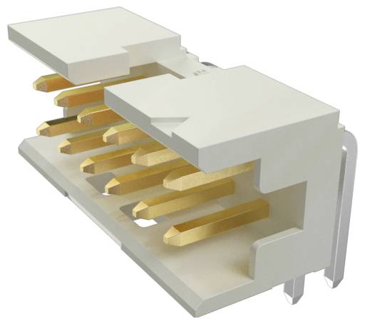 3D-Darstellung eines rechteckigen, mehrpoligen Steckers mit weißem Gehäuse und vergoldeten Kontakten, entwickelt für elektronische Geräte.