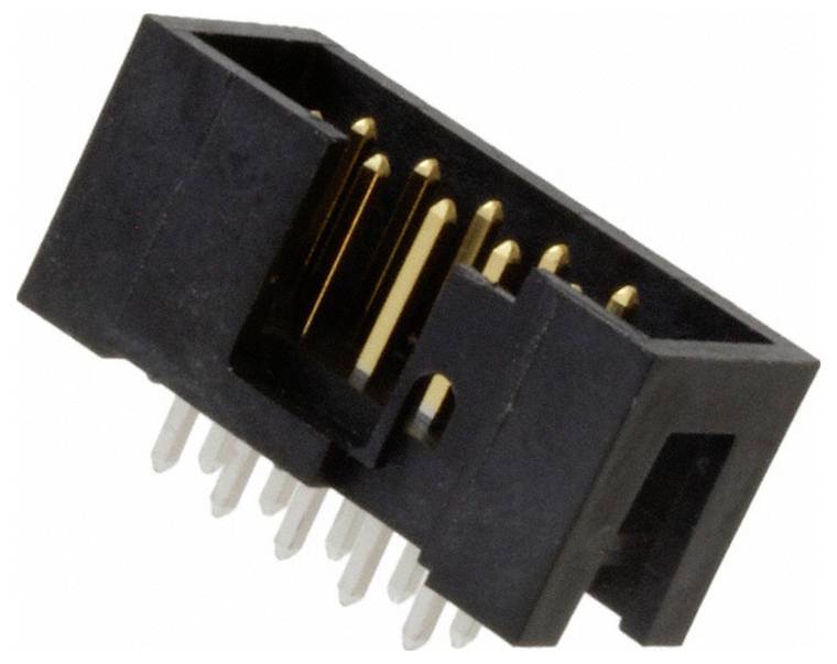 Ein schwarzer Kunststoffverbinder mit einer Reihe metallischer Stifte, der für elektronische Schaltungsverbindungen verwendet wird.
