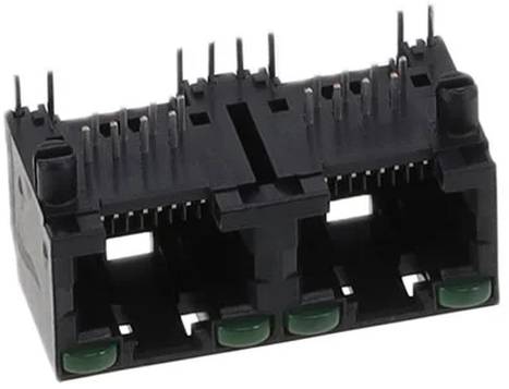 Ein Dual-Port-Ethernet-Anschluss mit sichtbaren Metallstiften und grünen Kunststoffkomponenten an der Basis, typischerweise in Netzwerkgeräten verwendet.