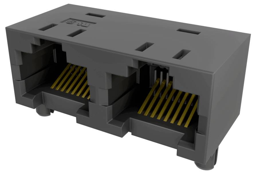 Eine 3D-Darstellung eines schwarzen, rechteckigen Dual-RJ-45-Buchsen-Steckers für Netzwerkverbindungen, die goldene Pins und Stecker-Schlitze zeigt.