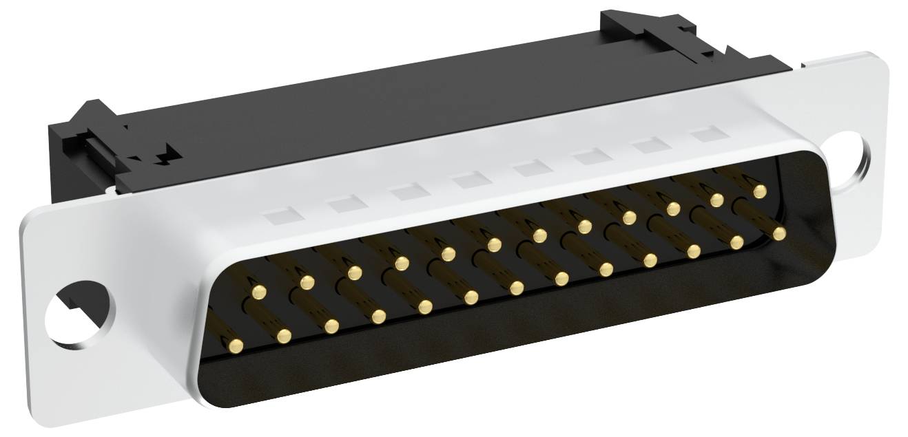 Ein D-Sub-Stecker mit 25 Pins, üblicherweise für Computer-, Audio- und Videoschnittstellen verwendet, mit silbernem und schwarzem Gehäuse.