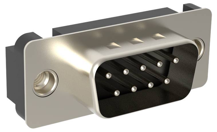 Ein 9-poliger D-Sub-Stecker in einem metallischen Gehäuse, wird verwendet, um serielle Geräte mit Computern zu verbinden.